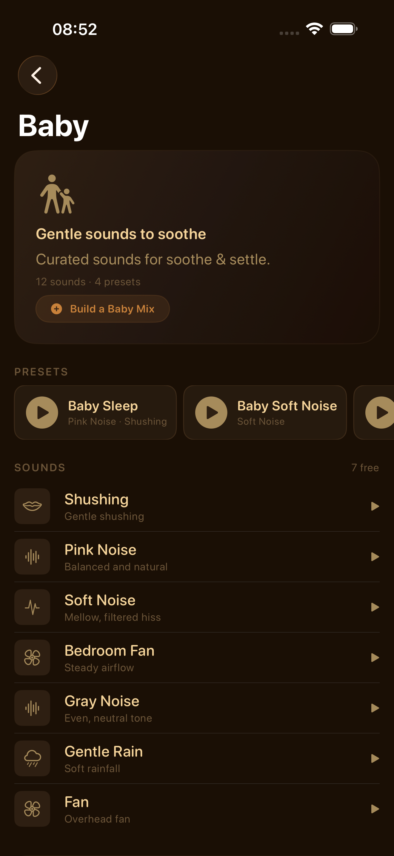 Lull Baby category showing heartbeat, womb sounds and shushing