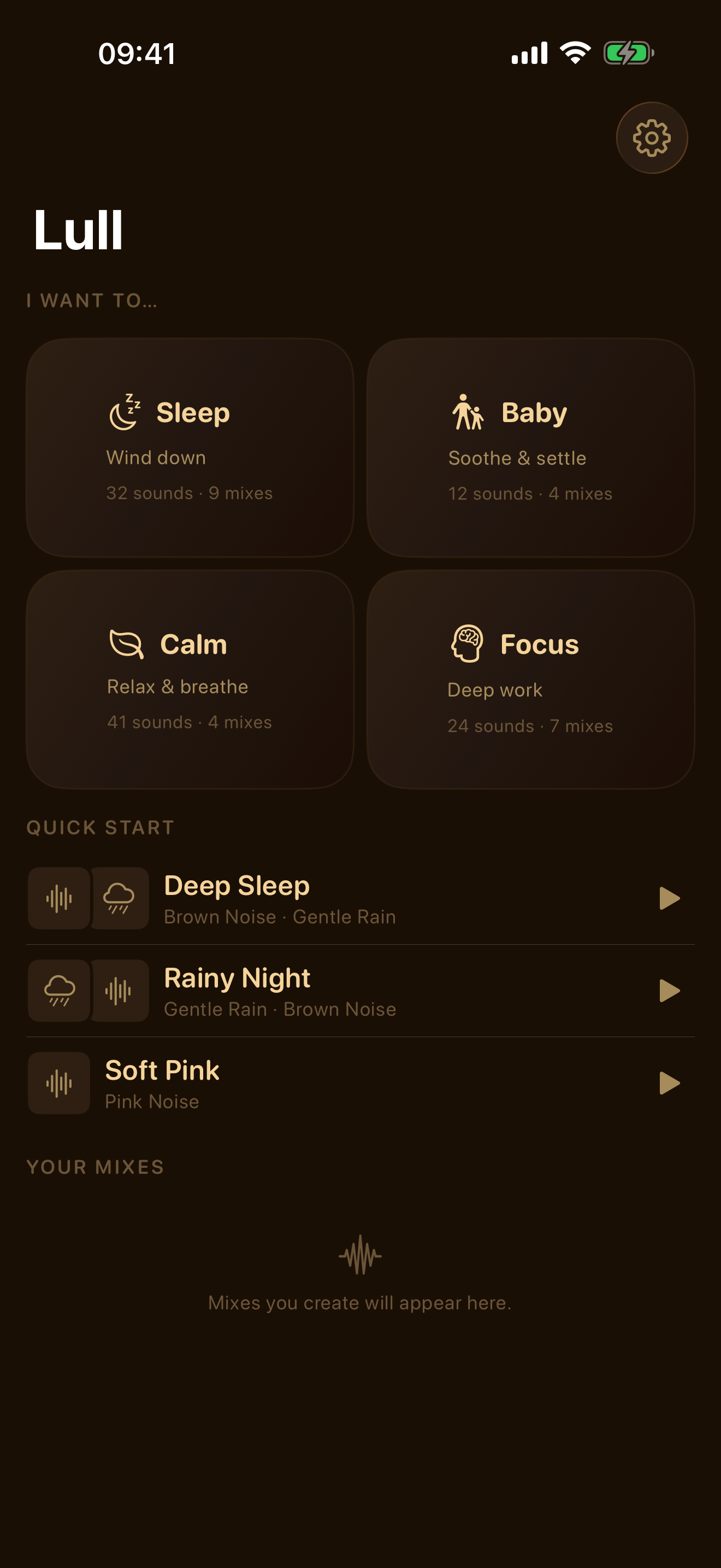 Lull home screen showing Sleep, Baby, Calm and Focus categories