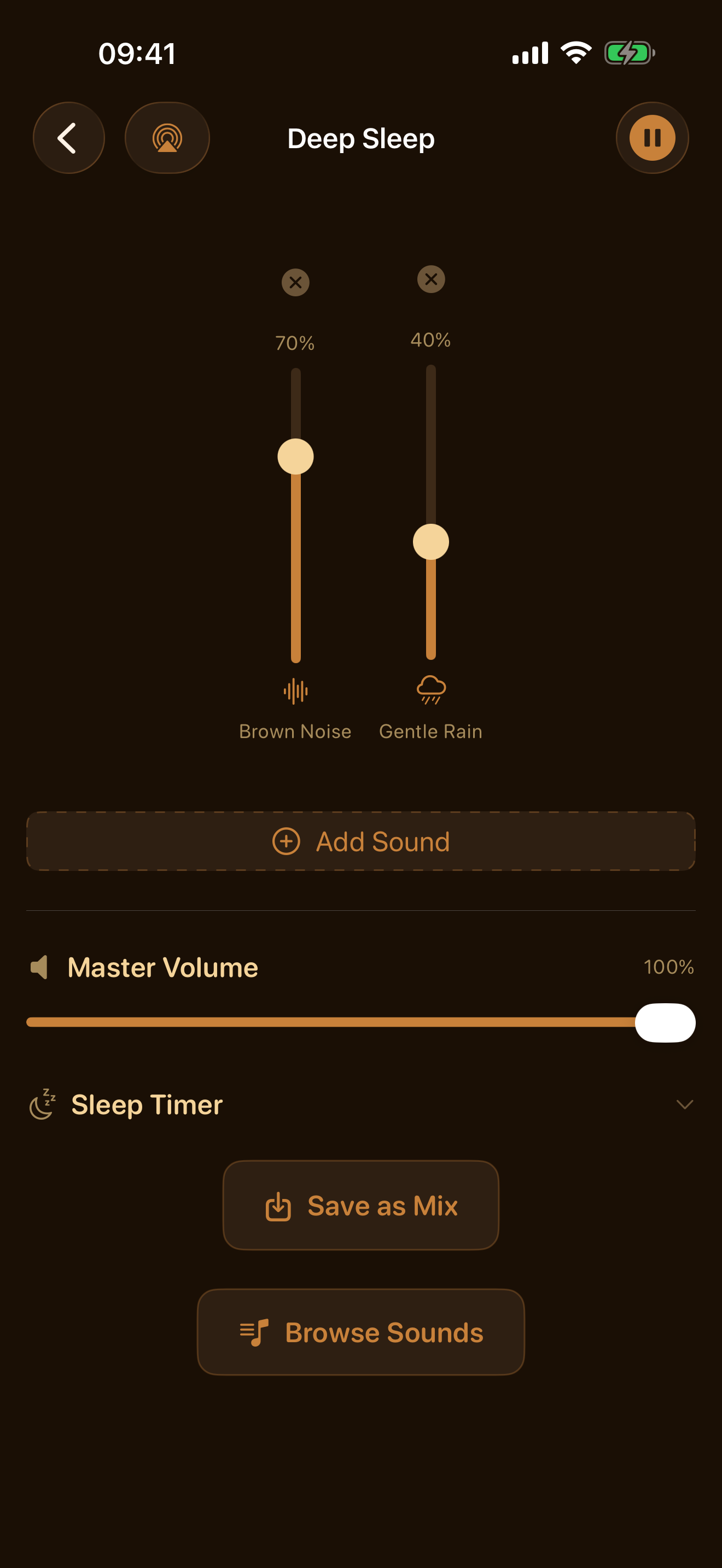 Sound mixer showing Brown Noise and Gentle Rain sliders