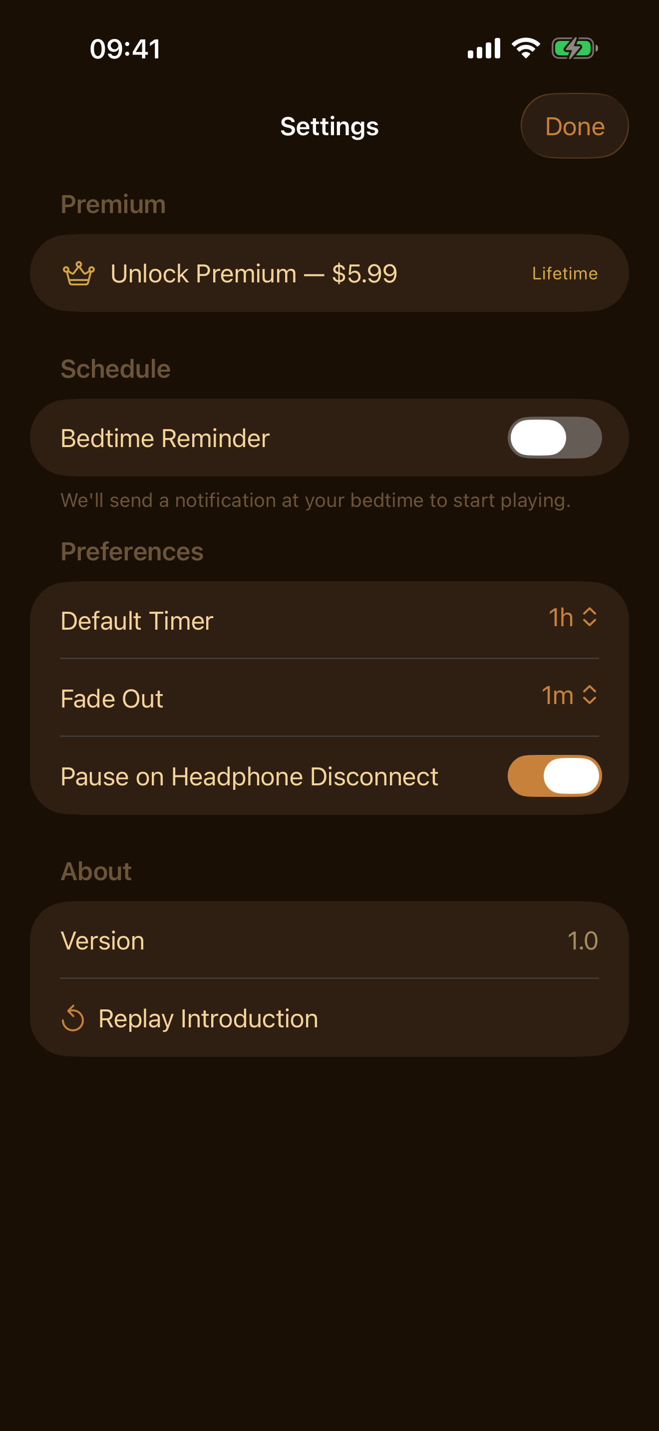 Lull settings showing $5.99 lifetime premium option
